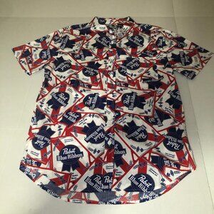 Men's Pabst Blue Ribbon Beer Short Sleeve Button-Down Shirt Size Medium